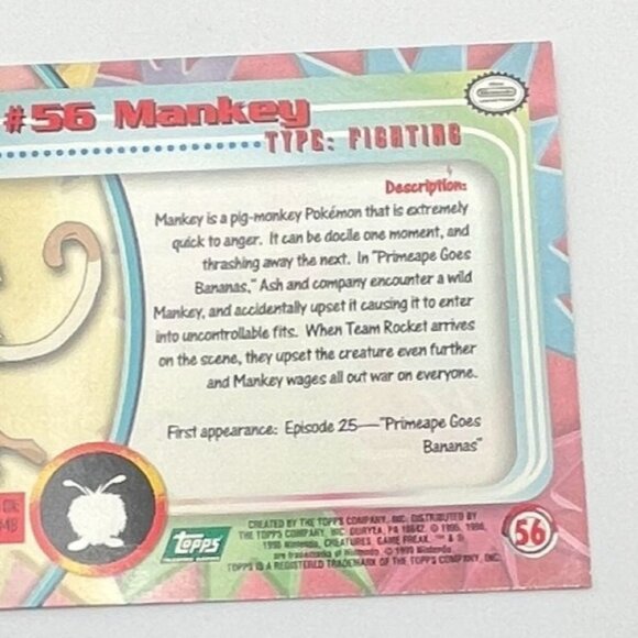 Mankey Pokemon Card Topps #56 TV Animation Edition Series Green Logo - Picture 4 of 5